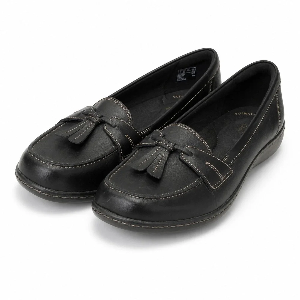 Clarks Collection Black Leather Tassel Loafers Womens 8.5 M‎ Ultimate Comfort